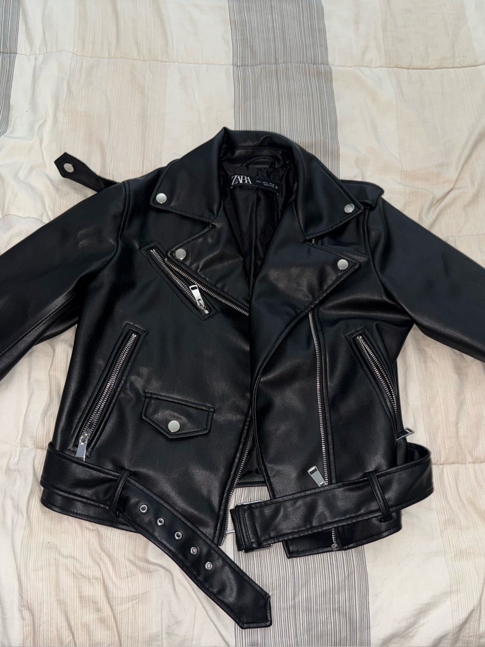 Zara Black Faux Leather Moto Jacket with Zip Details